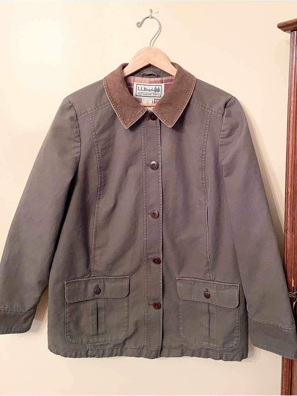 L.L. Bean Olive Barn Coat with Corduroy Collar